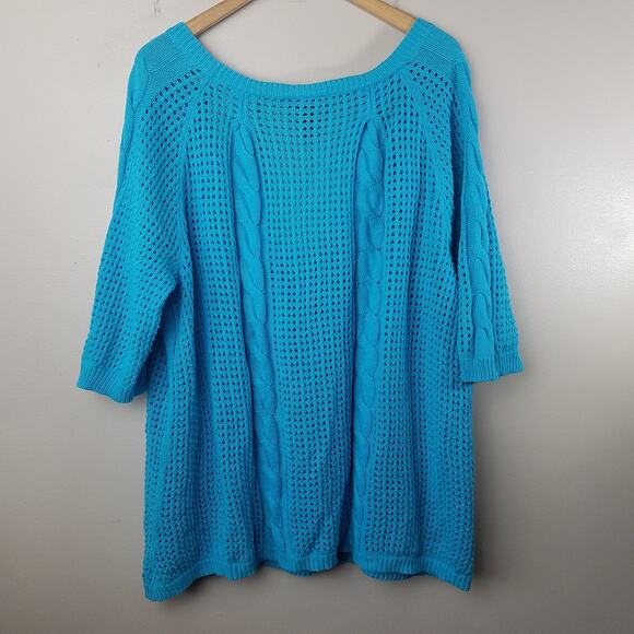 Lane Bryant Sweater Teal Open Knit V Neck 3/4 Sleeve Top Size 22/24 - Picture 7 of 11